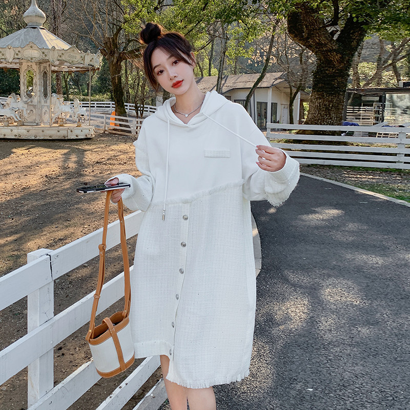 白色小香风拼接卫衣裙女2024初秋新款设计感宽松显瘦设计感不规则,女装连衣裙,2C018