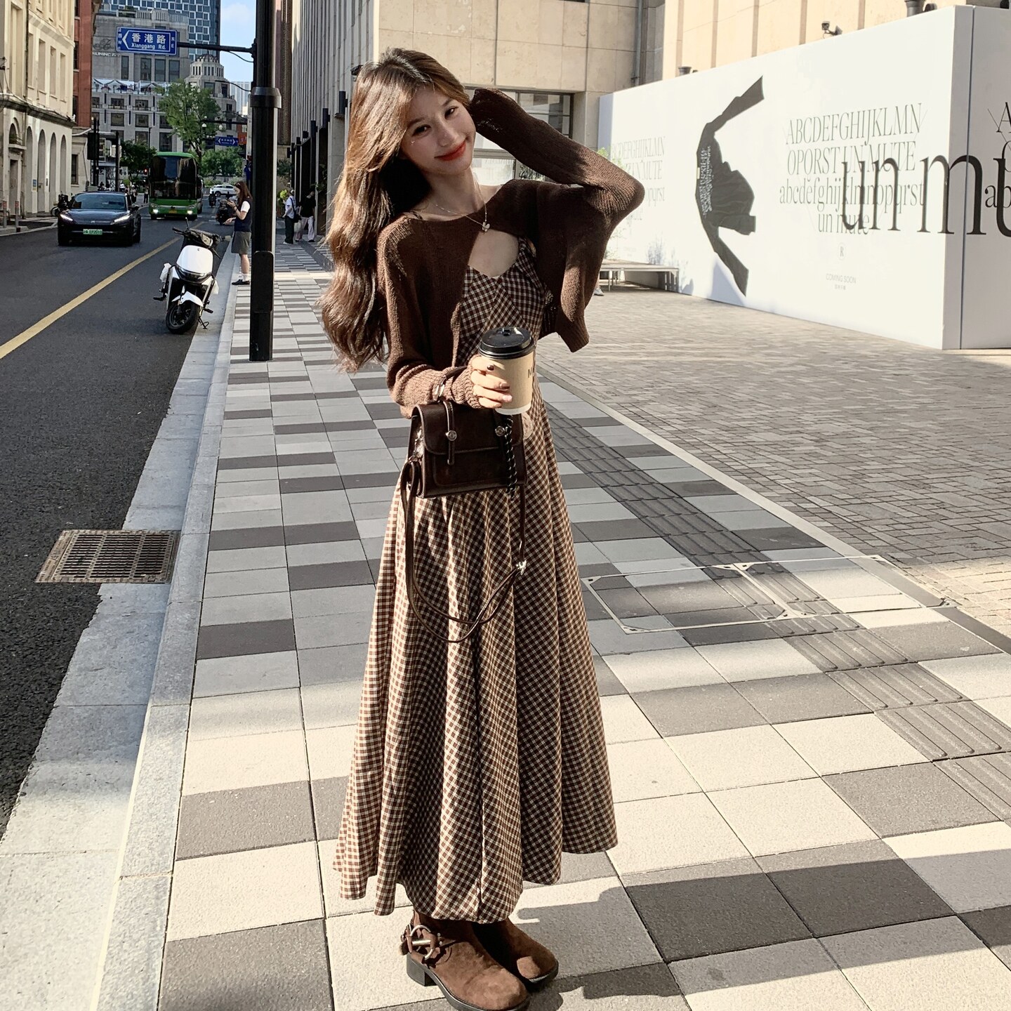 法式复古设计感格子裙女春秋小香风开衫连衣裙文艺气质叠穿两件套,女装连衣裙,2C166