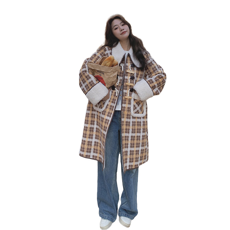 新品格子羊羔毛皮毛一体长款加厚外套2526-P225-K328,女装派克服,2C159