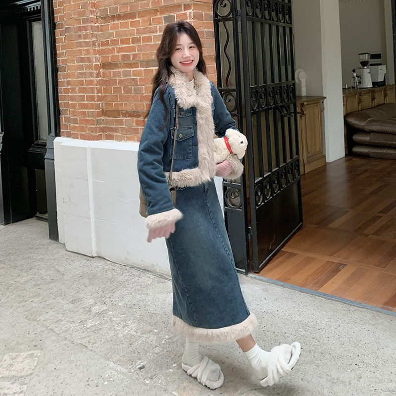 羊羔毛拼接牛仔套装裙女秋冬2025新款高级感半身裙两件套韩系超火,女装套装/套裙,2C113