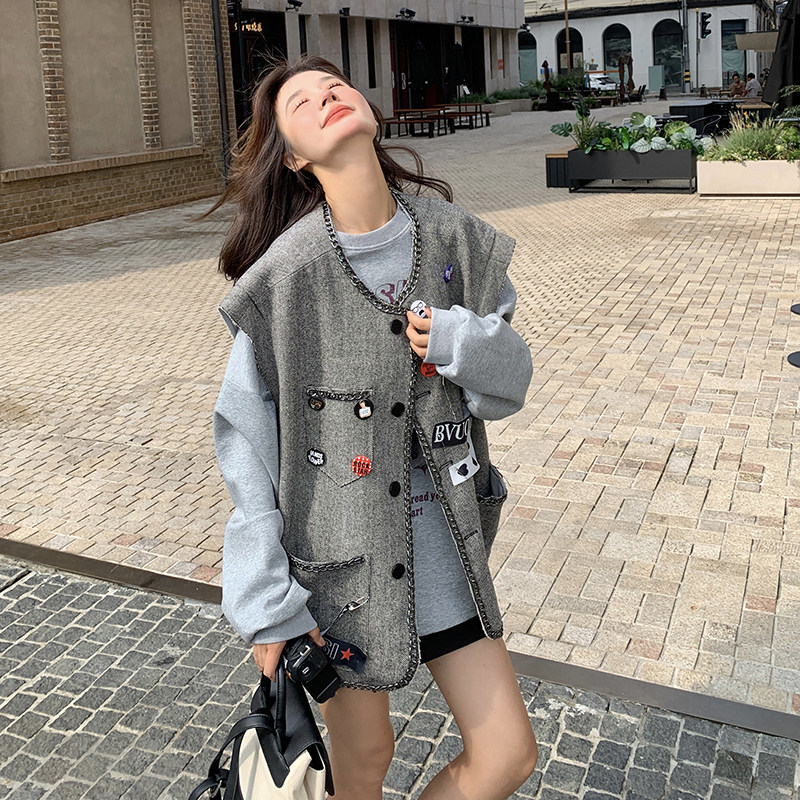 灰色设计感印花马甲套装女2025春季新款韩系慵懒风休闲卫衣两件套,女装套装/套裙,2C332