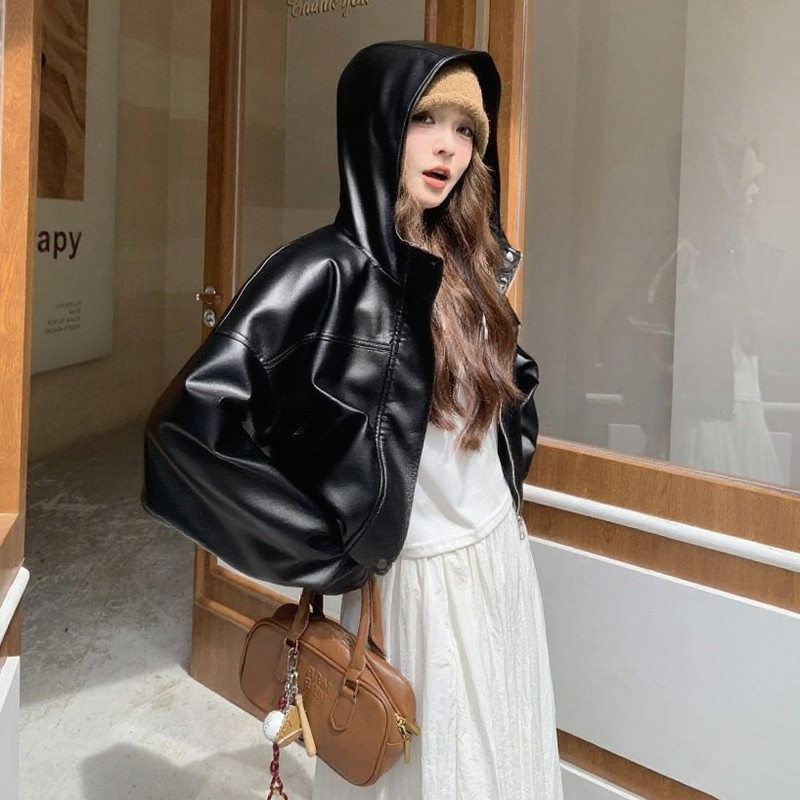 设计感显瘦连帽PU皮衣外套女2025春秋季新款韩版宽松休闲夹克上衣,女装皮衣,2C082