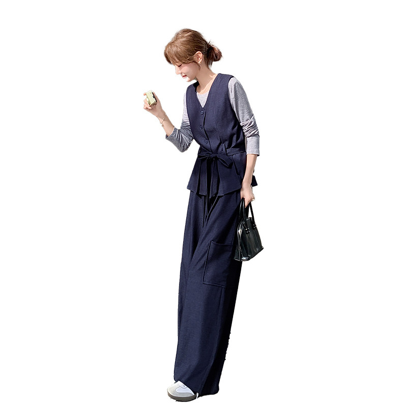 老钱风显瘦气质马甲套装女2025春秋季新款盐系打底衫阔腿裤三件套,女装套装/套裙,2C126