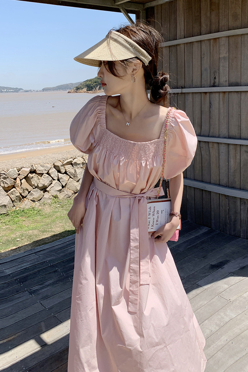 粉色收腰显瘦高端精致连衣裙女2023夏新款法式温柔风初恋气质长裙,女装连衣裙,2C166