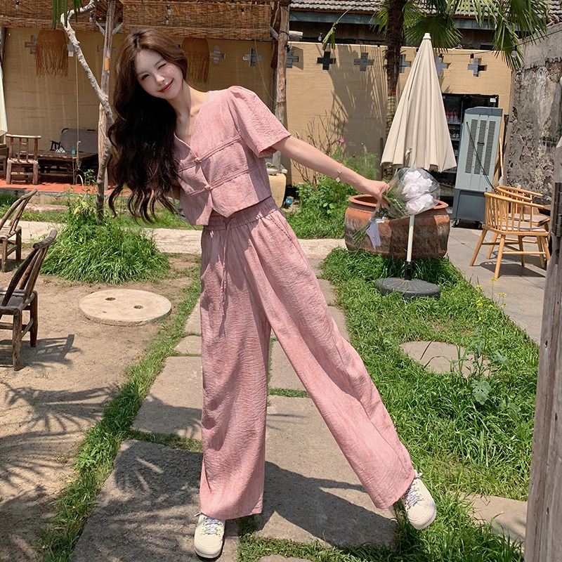 晕染粉色西装套装女夏2024新款薄款小香风两件套阔腿裤爆款减龄,女装套装/套裙,2D148