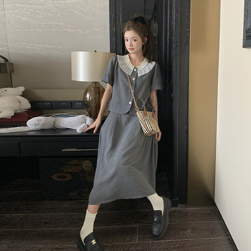 灰色减龄小香风套装裙女2025夏季新款娃娃领短袖衬衫半身裙两件套,女装套装/套裙,2C115