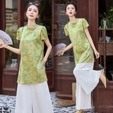 现货25夏装新款新中式风水墨画上衣+阔腿裤显瘦气质大码套装女，女装套装/套裙，衣珂纱朗