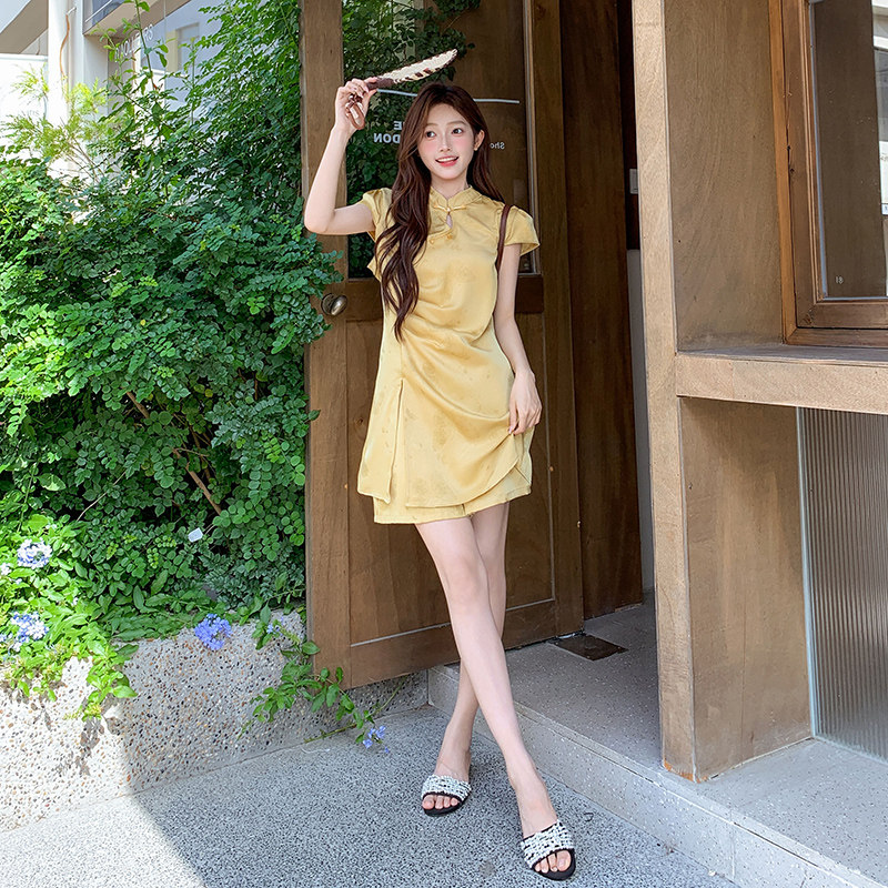 黄色提花新中式国风旗袍短裤套装女2025夏季新款显瘦超好看两件套,女装汉服/婚纱/旗袍/礼服,2C122