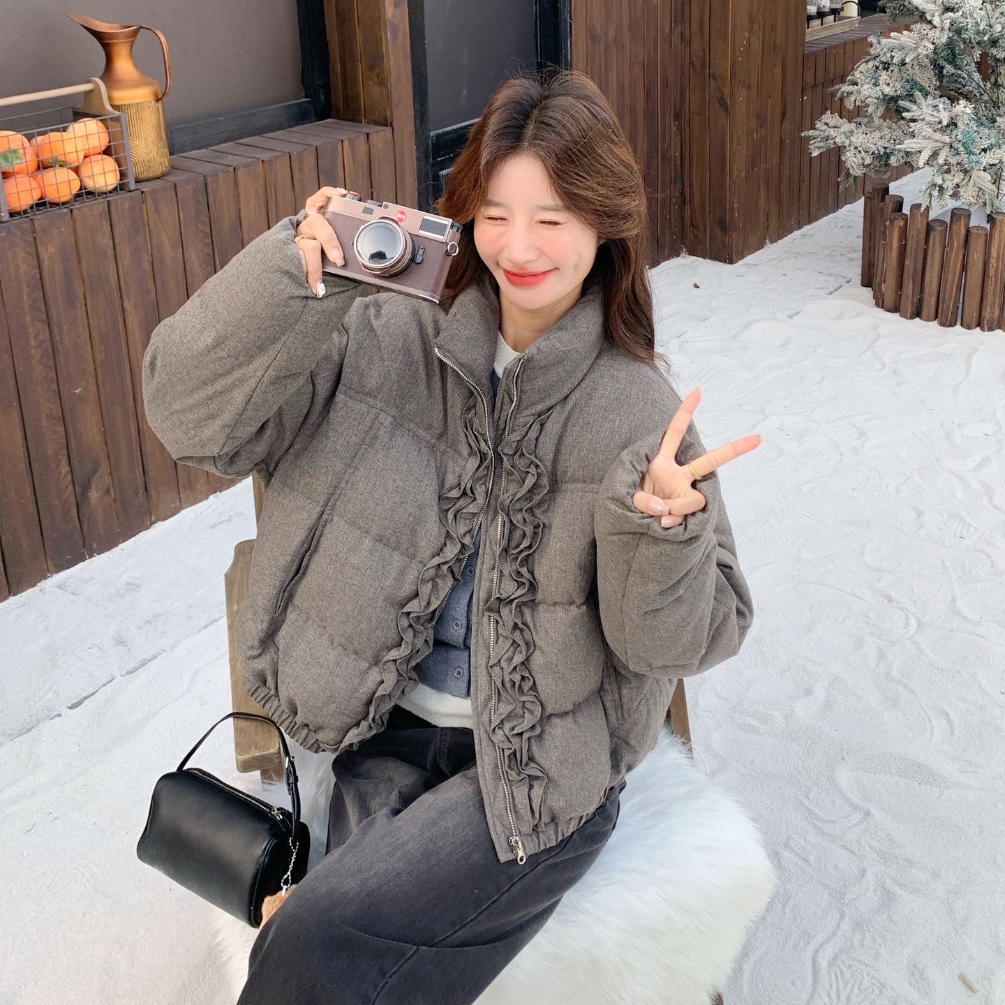 灰色立领木耳边短款羽绒服女2026新款90绒保暖显瘦小个子外套,女装羽绒服,2C166