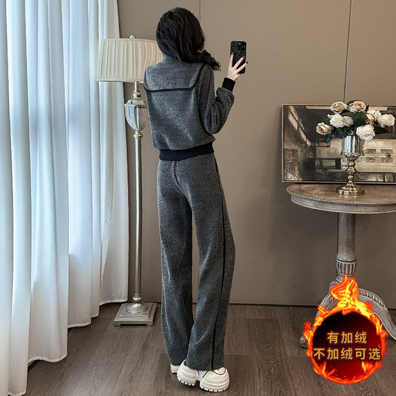 女秋冬新款加绒短款外套直筒裤两件套,女装套装/套裙,2C310