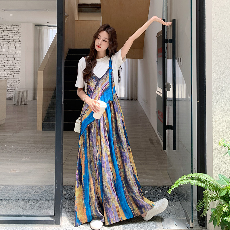 晕染蓝色连体裤女夏2025新款超火爆款网红阔腿裤连衣裤背带裤爆款,女装连体裤,2C122