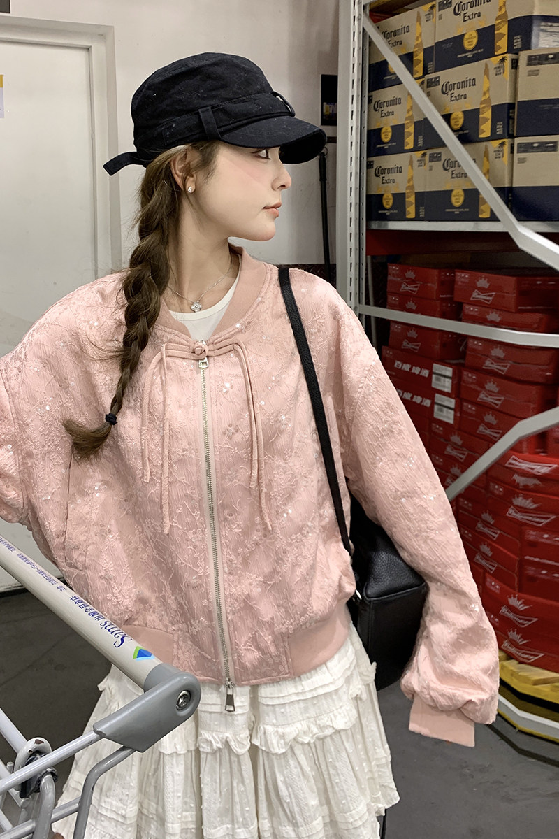 甜酷风亮片点缀双头拉链国风盘扣结合棒球服女2025新早秋流行穿搭,女装短外套,2C087
