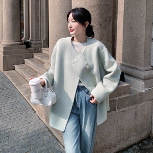 浅绿色气质双面呢羊毛大衣外套女秋冬2025新款收腰显瘦巨好看上衣图片