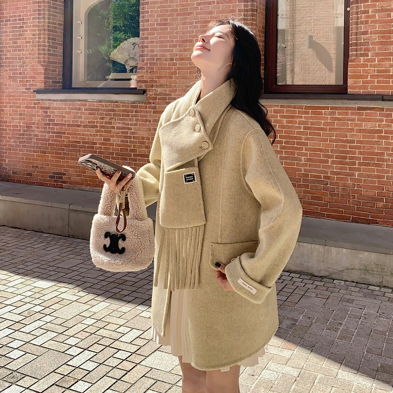流苏围巾双面呢羊毛外套女秋冬2025新款独特漂亮韩系俏皮活泼大衣,女装羊绒大衣,2C056