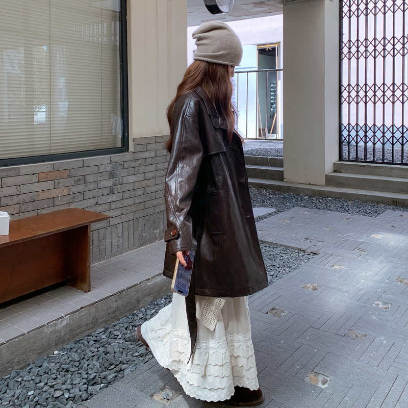 棕色美式复古穿搭腰带收腰皮衣外套女2025秋季新款中长款pu皮夹克,女装皮衣,2C291