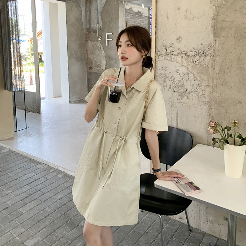 米杏色工装连衣裙女2025夏季新款韩系休闲风小个子收腰显瘦衬衫裙,女装连衣裙,2C129