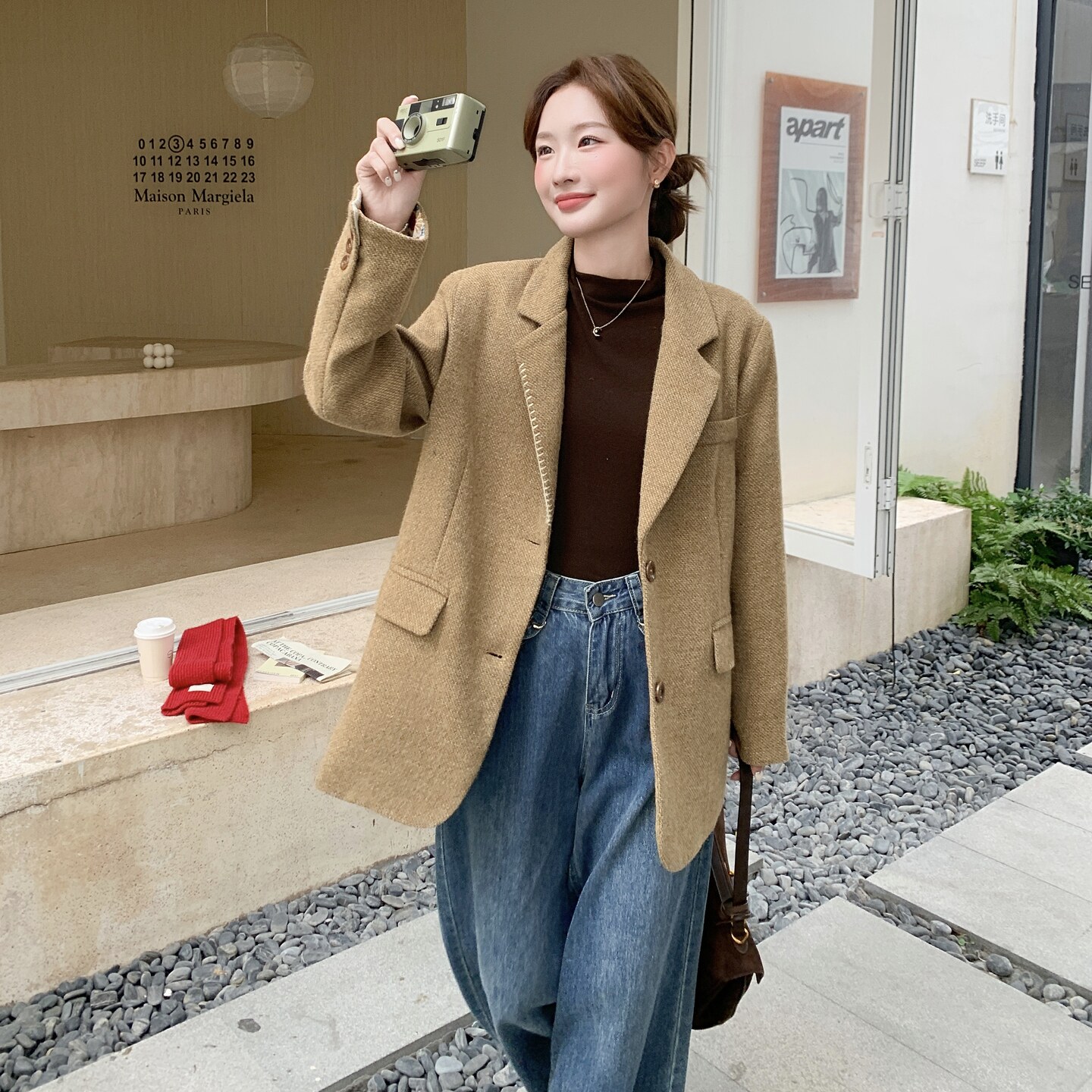卡其色印花粗花西装羊毛外套女2025秋季新款宽松休闲高级气质西服,女装毛呢外套,2C258