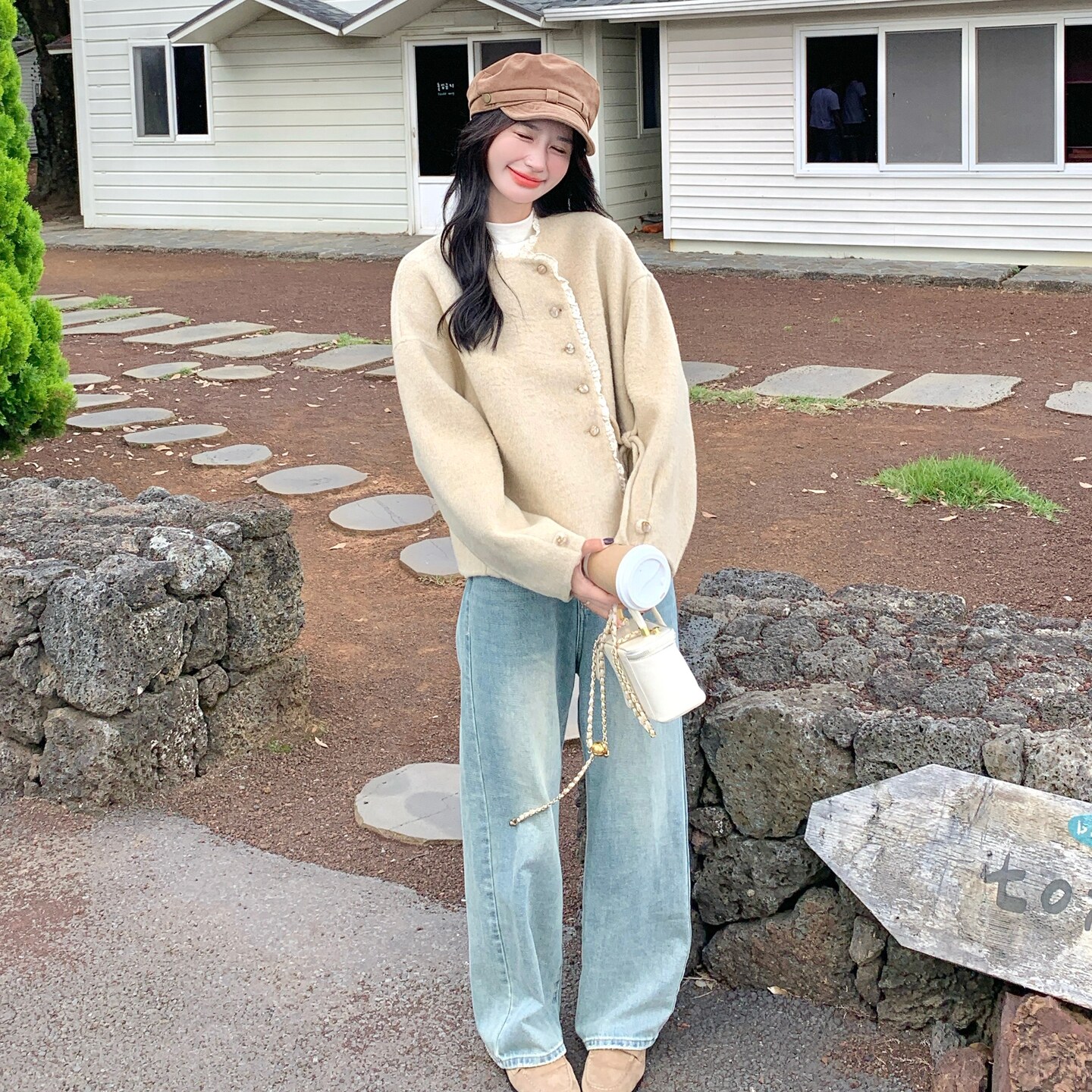 小香风蕾丝花边拼接双面羊毛大衣女短款2025新款减龄百搭毛呢外套,女装毛呢外套,2C298