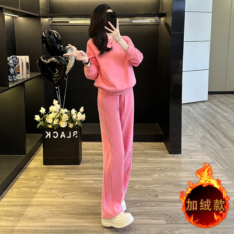 加绒加厚时髦显瘦圆领卫衣阔腿裤套装,女装套装/套裙,2C310