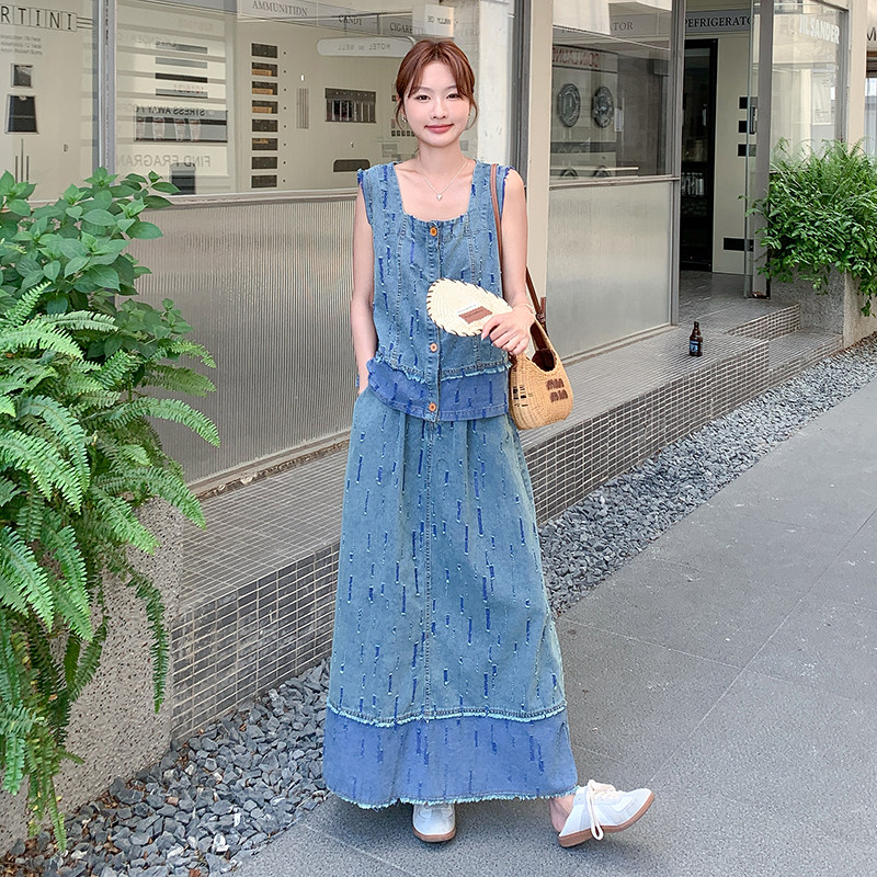 气质显瘦慵懒风牛仔套装裙女2025夏季单排扣上衣半身裙淡人两件套,女装套装/套裙,2D043