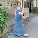 气质显瘦慵懒风牛仔套装裙女2025夏季单排扣上衣半身裙淡人两件套，女装套装/套裙，2D043