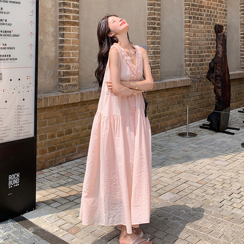 温柔度假风木耳边V领无袖粉色连衣裙女夏2025新款超好看长裙及踝,女装连衣裙,2C122