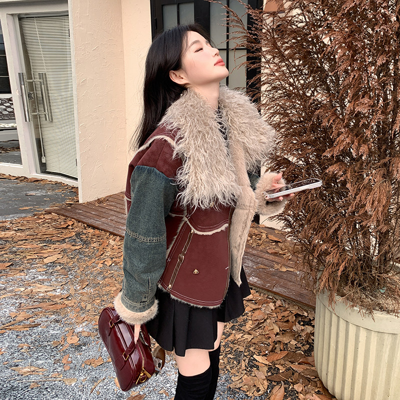 现货24新款冬装派克牛仔外套毛毛加厚保暖牛仔拼接短外套牛仔派克,女装棉衣/棉服,衣珂纱朗
