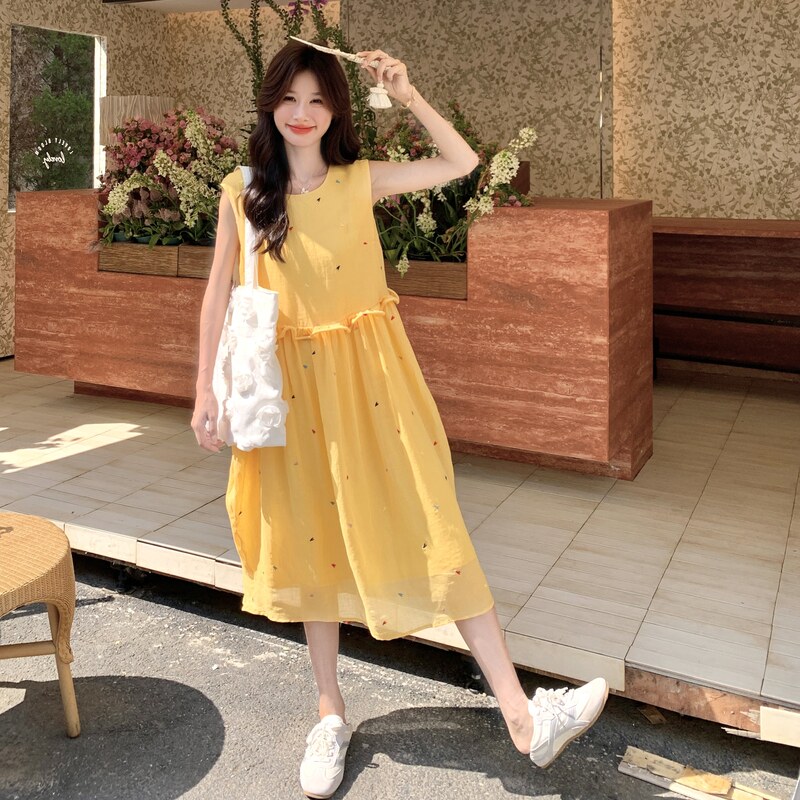黄色洋气爱心刺绣无袖连衣裙子女2025夏季绝美背心裙小个子长裙潮,女装连衣裙,2C117