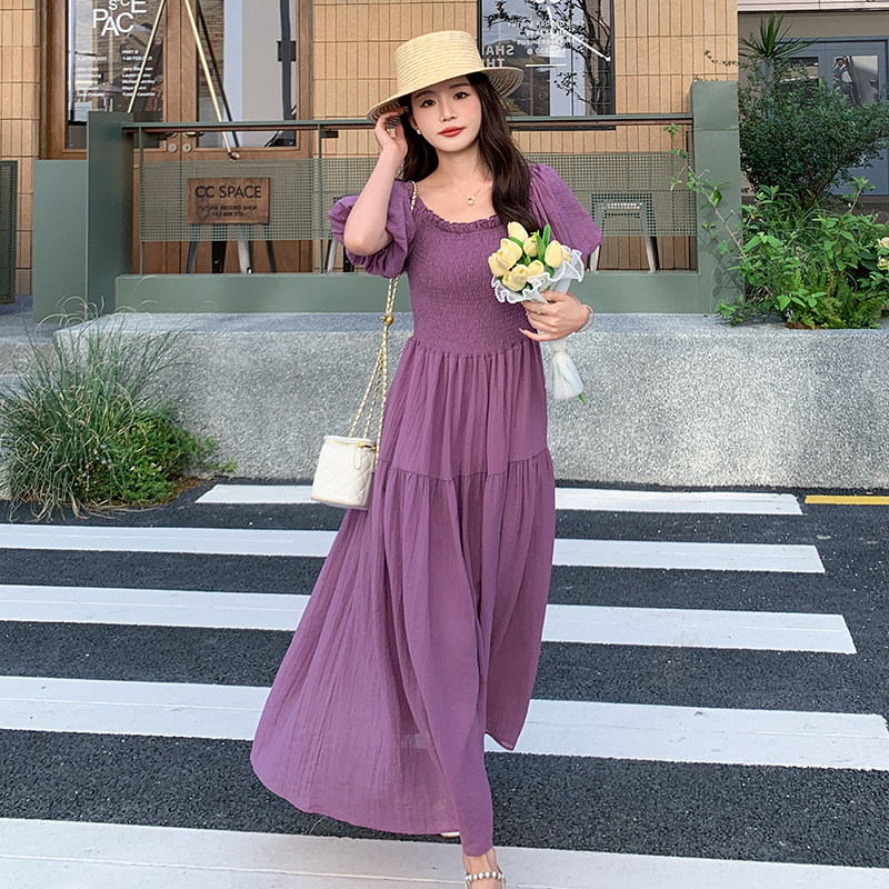 紫色泡泡袖方领连衣裙女2025夏季新款法式复古气质绝美别致长裙潮,女装连衣裙,2C122