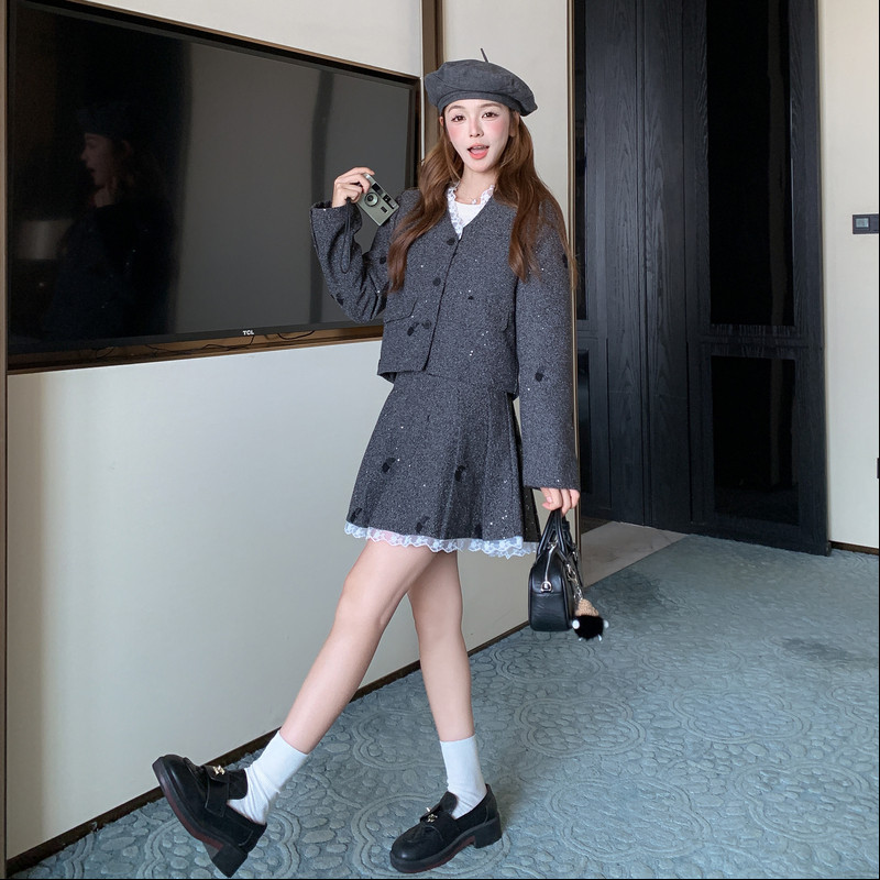 小香风粗花呢西装外套百褶裙女秋冬新款蕾丝拼接两件套装高级感,女装套装/套裙,2D148