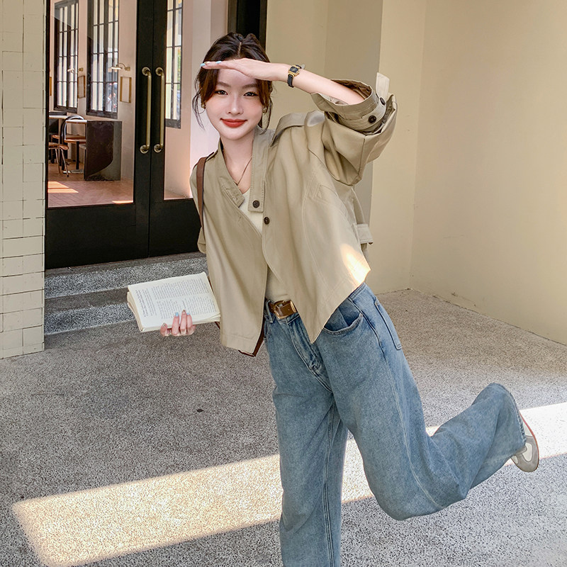 韩系chic通勤卡其色夹克2025春夏新款宽松短款风衣外套女休闲百搭,女装短外套,2C159