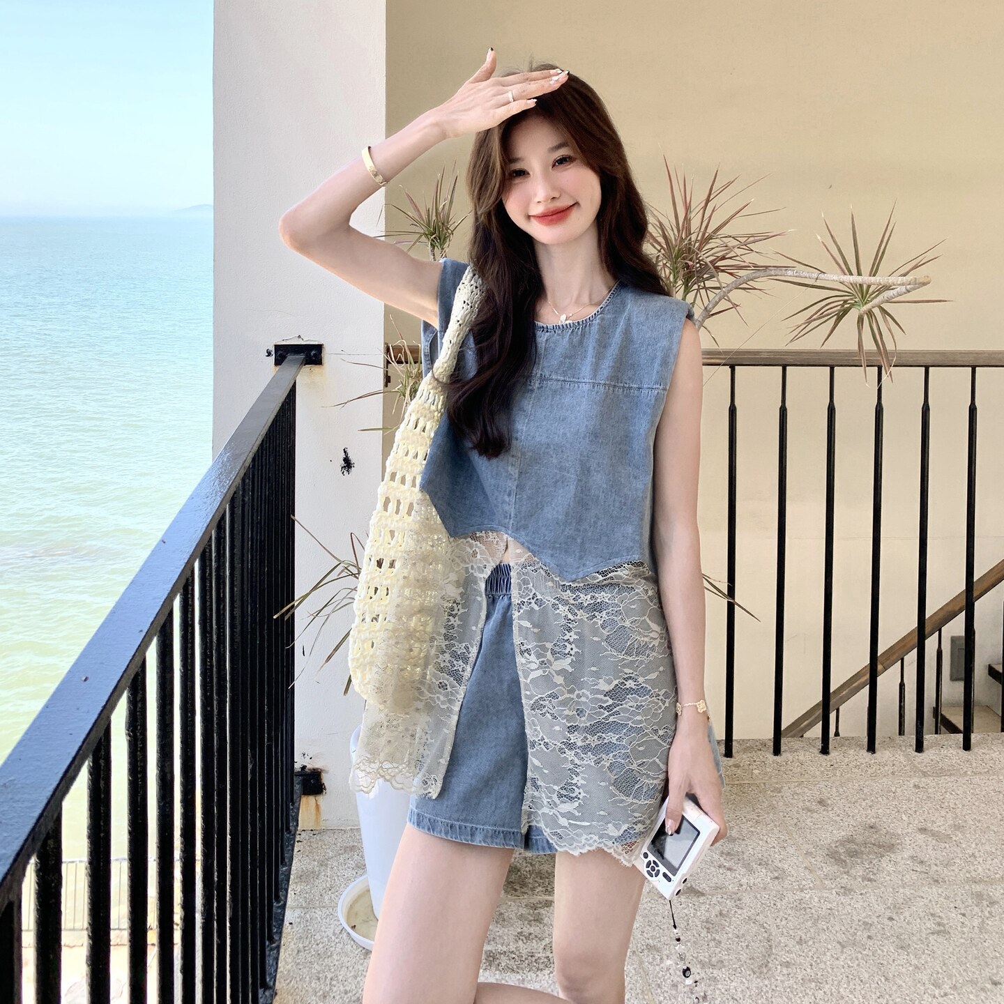甜美蕾丝拼接牛仔短裤套装女夏2025新款小个子巨好看高级感两件套,女装套装/套裙,2C135