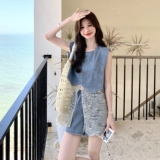 甜美蕾丝拼接牛仔短裤套装女夏2025新款小个子巨好看高级感两件套，女装套装/套裙，2C135