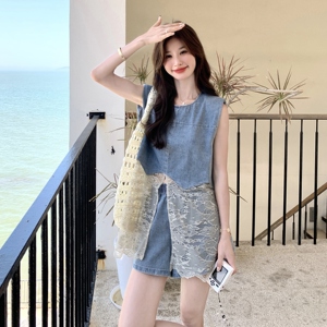 甜美蕾丝拼接牛仔短裤套装女夏2025新款小个子巨好看高级感两件套图片