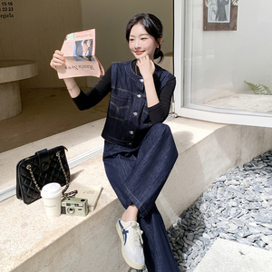 港风时尚设计感牛仔套装女2025秋季新款休闲宽松外套阔腿裤两件套图片