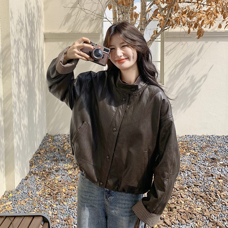 咖绿色美拉德穿搭格子连帽皮衣外套女2025秋季新款小个子pu皮夹克,女装皮衣,2C092