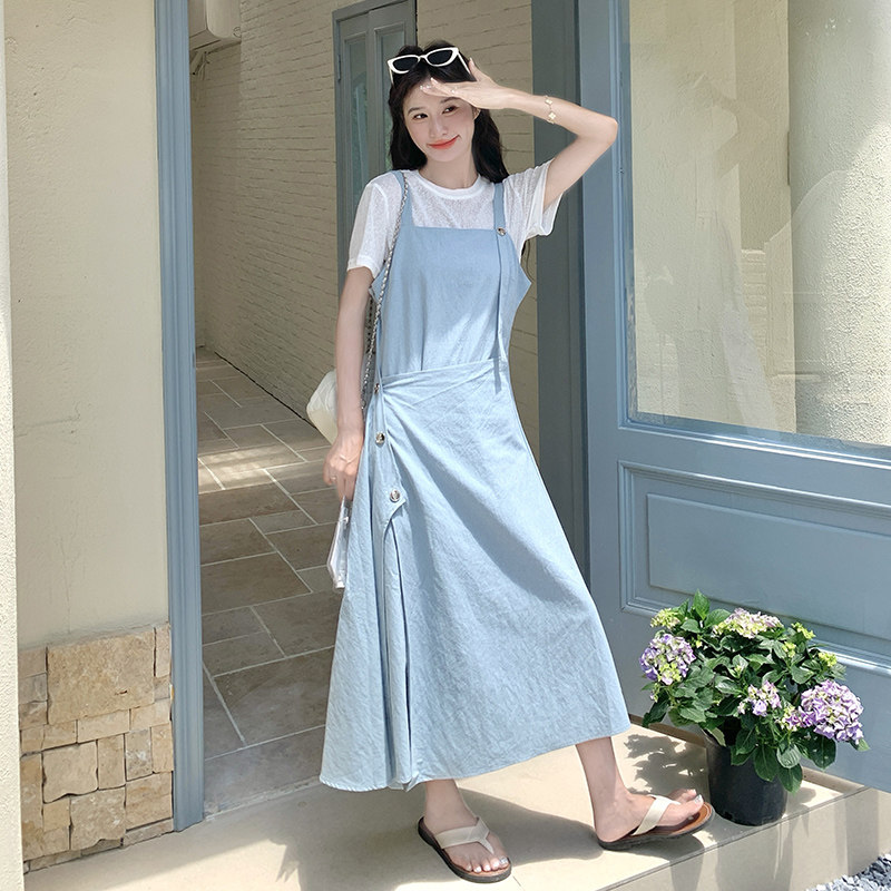 蓝色韩版不规则背带裙套装女2025年夏季新款超好看短袖长裙两件套,女装套装/套裙,2D043
