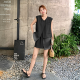 设计感小众拼接马甲高腰短裤套装女2025夏季新款时尚休闲两件套潮，女装套装/套裙，2C277