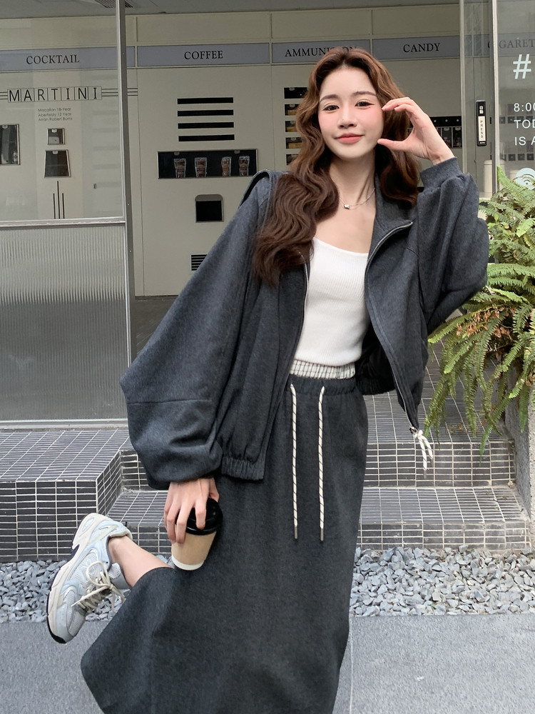 休闲运动灰色蝙蝠侠卫衣半身裙套装女春秋松弛感两件套爆款高级感,女装套装/套裙,2D013