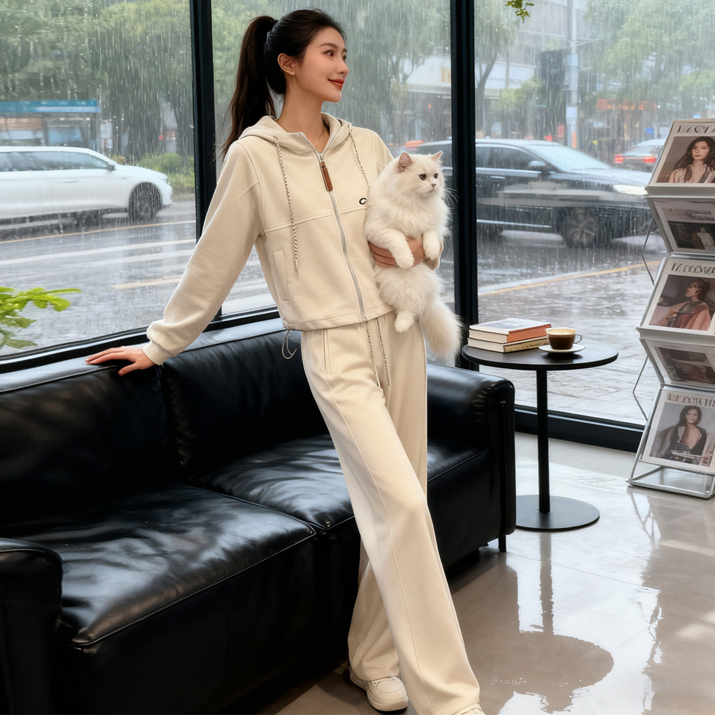 设计高级感休闲运动套装女春季新款气质减龄连帽卫衣阔腿裤两件套,女装套装/套裙,2C310