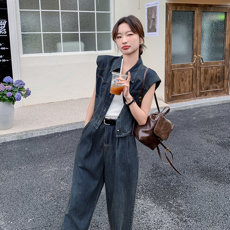 新品现货港风复古牛仔阔腿裤两件套2C075-399-P165-K228,女装套装/套裙,2C075