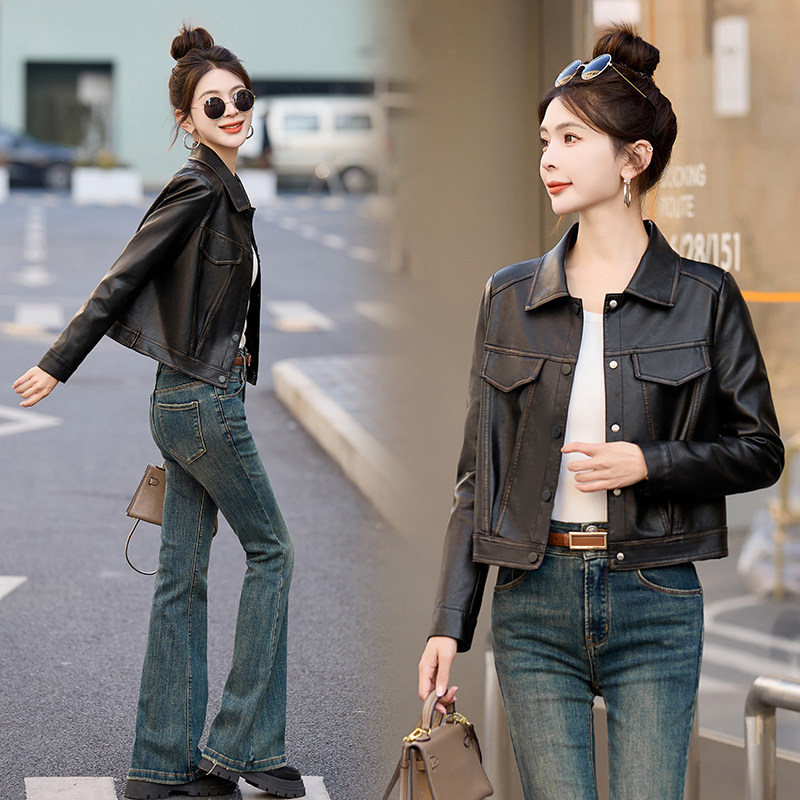 2026春装新款休闲小个子修身机车服PU皮夹克,女装皮衣,自然秀