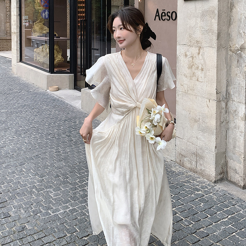 长袖高腰裙V领A字裙蝴蝶袖连衣裙裙子显瘦温婉风美式气质长裙白色,女装连衣裙,2C115