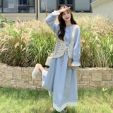 现货条纹长裙+马甲套装25083P165K248，女装连衣裙，2D035