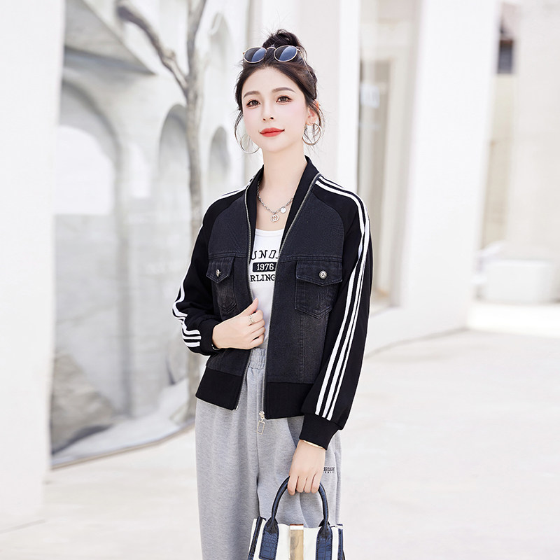 复古减龄牛仔拼接棒球服女春秋2023新款小个子休闲夹克上衣短外套,女装短外套,新感觉