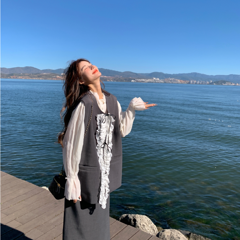 花边拼接灰色西装马甲半身裙套装女春秋2025新款两件套高级感ootd,女装套装/套裙,2D146