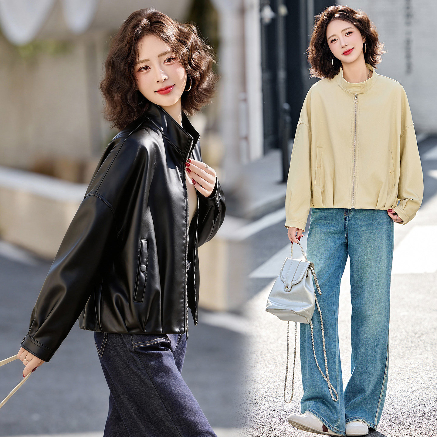 2026春季新款现货小个子洋气立领浅色皮衣短外套百搭宽松夹克,女装短外套,英标秀（1C119）