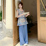 气质木耳边印花无袖上衣直筒裤套装女2025夏时尚松弛感炸街两件套，女装套装/套裙，2C159