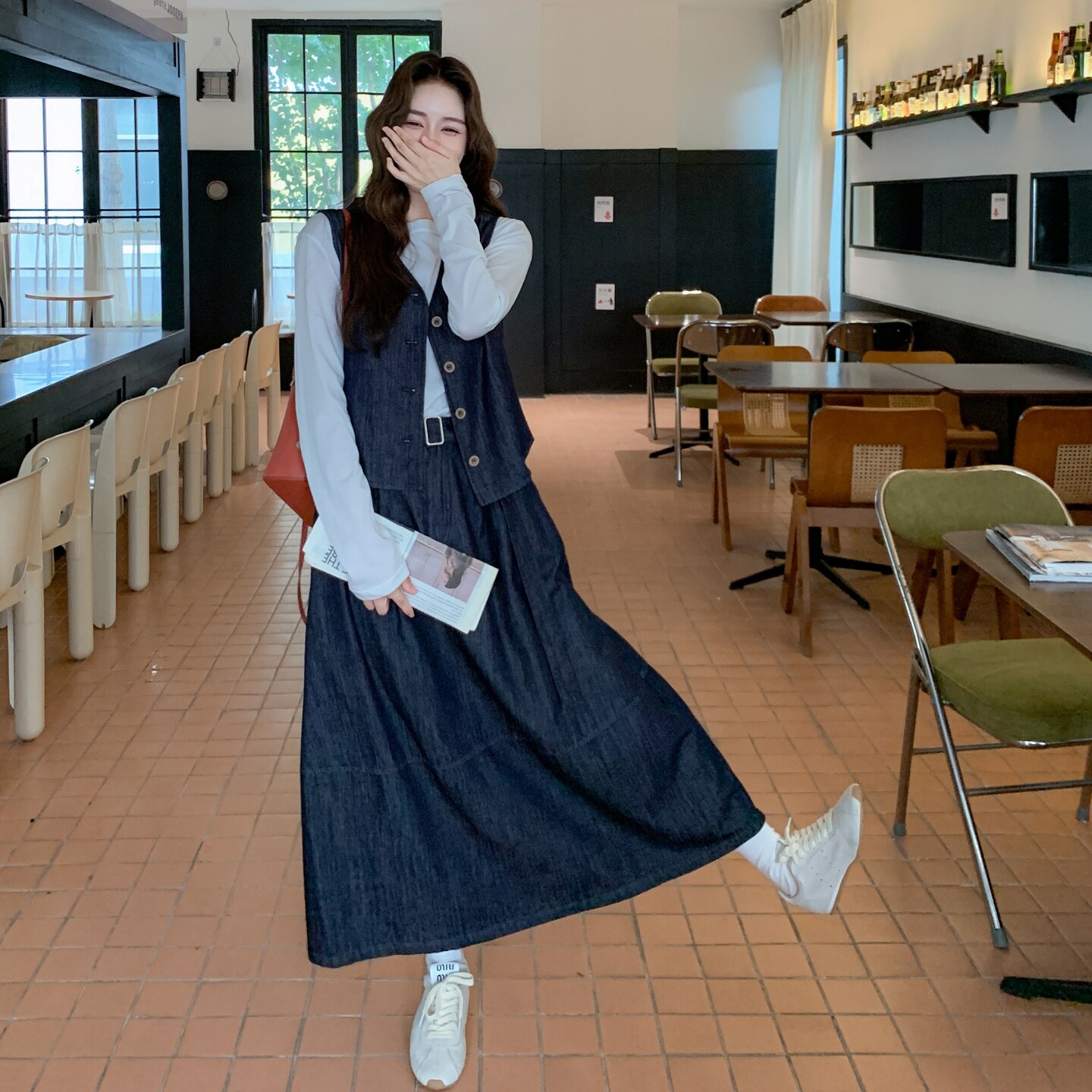 蓝色条纹披肩牛仔马甲半身裙套装三件套女2025早春秋韩里韩气穿搭,女装套装/套裙,2C307