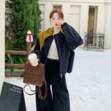 深蓝色韩系针织披肩短款棉服外套女2025冬小个子休闲保暖圆领棉衣，女装棉衣/棉服，2C166